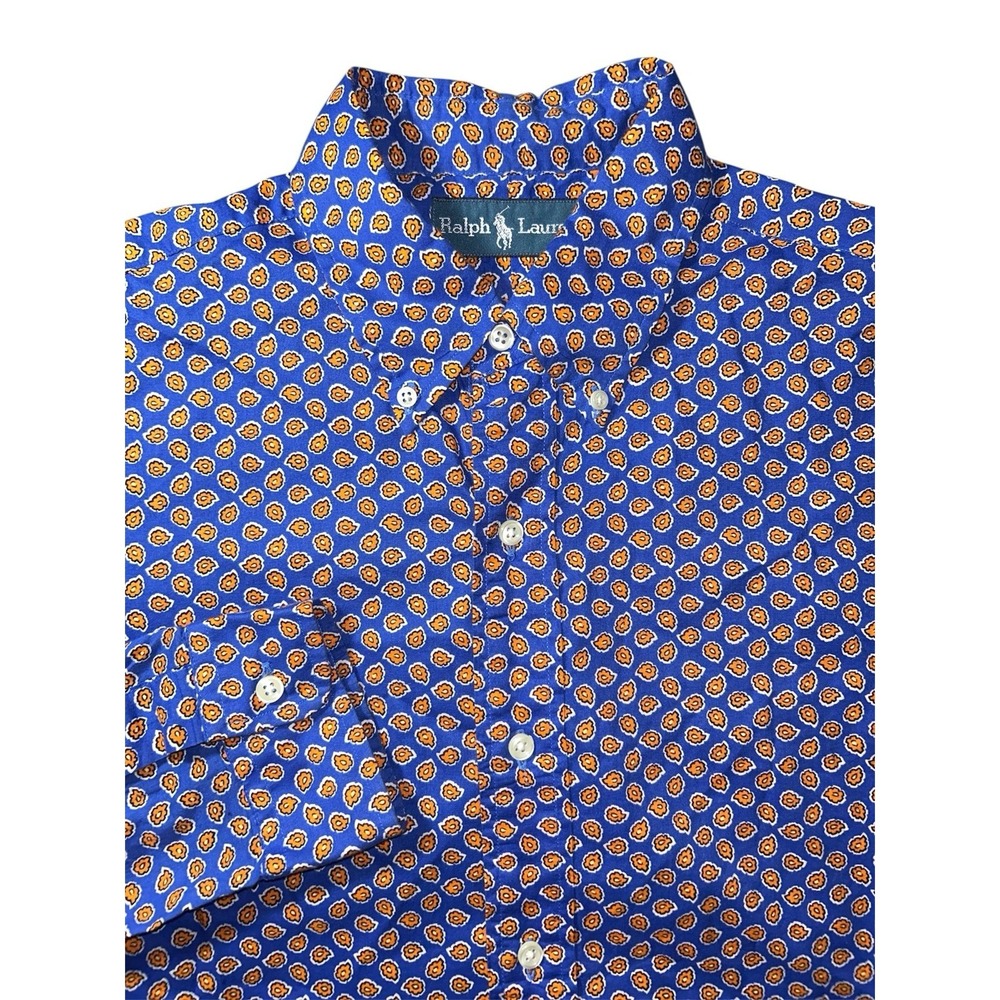 VTG Polo Ralph Lauren Button Down Shirt Orange Blue AOP Geometric Men's M 80s 90